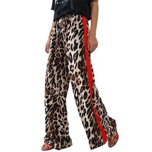Women's Leopard Wide Leg Pants Casual Side Striped High Waisted Palazzo